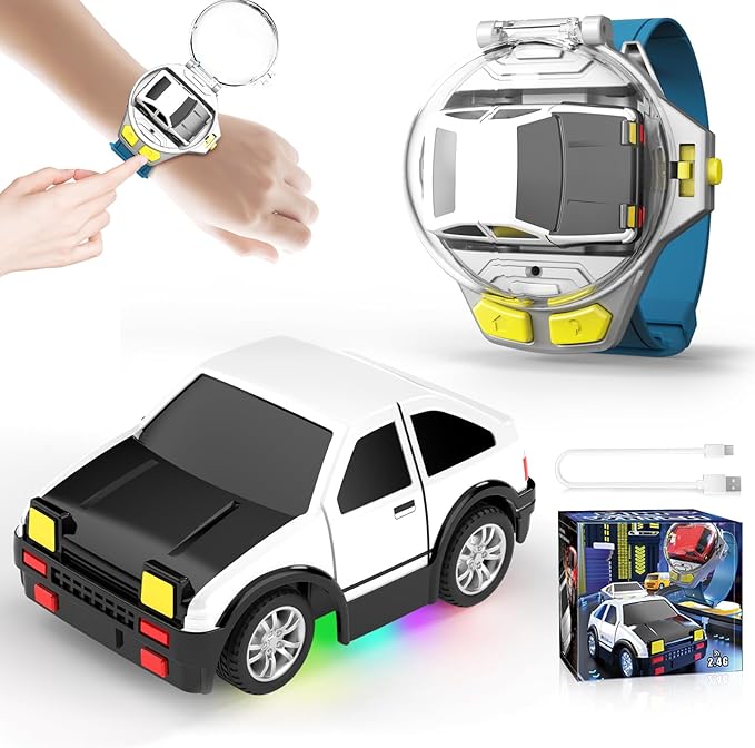 Ruxrcni Watch Remote Control Car Toy, 2.4 GHz Mini RC Cars Watch Toy with LED Lights USB Charging Wrist Controlled Small Racing Car Interactive Game Toys for Kids Boy Girl Birthday Christmas