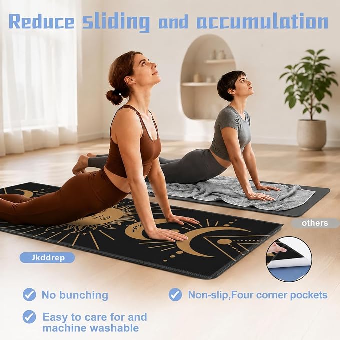 Yoga Mat Towel, Black Hot Yoga Non Slip Corner Pockets, 70 x 26 in | Soft Absorbent Microfiber With Four Corner Pockets, Fits Over Yoga Mats For Hot Yoga, Pilates, Gym, And Travel