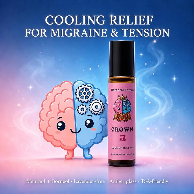 Crown Cooling Migraine and Muscle Aromatherapy Roll-On - Menthol, Magnesium, Bing Pian & Chuan Xiong Evidence-Based Blend | Lavender-Free | 10mL
