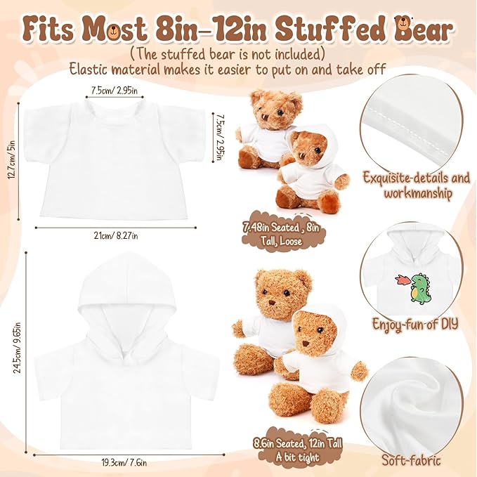 6 Pcs 8-12 Inch Stffed Bear Tshirt and Hoodie Blank Plush Animal Doll Clothes Tshirt for Sulimate DIY Stuffed Doll Outfit