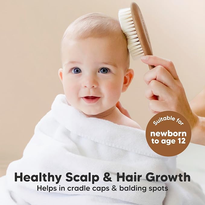 Wooden Baby Hair Brush Set for Newborns, Toddlers - Soft Goat Bristle Baby Brush and Comb Set Newborn Grooming Kit for Cradle Cap Care,Durable & Gentle,Boy,Girl Infant Essentials(Regular, Dark Walnut)