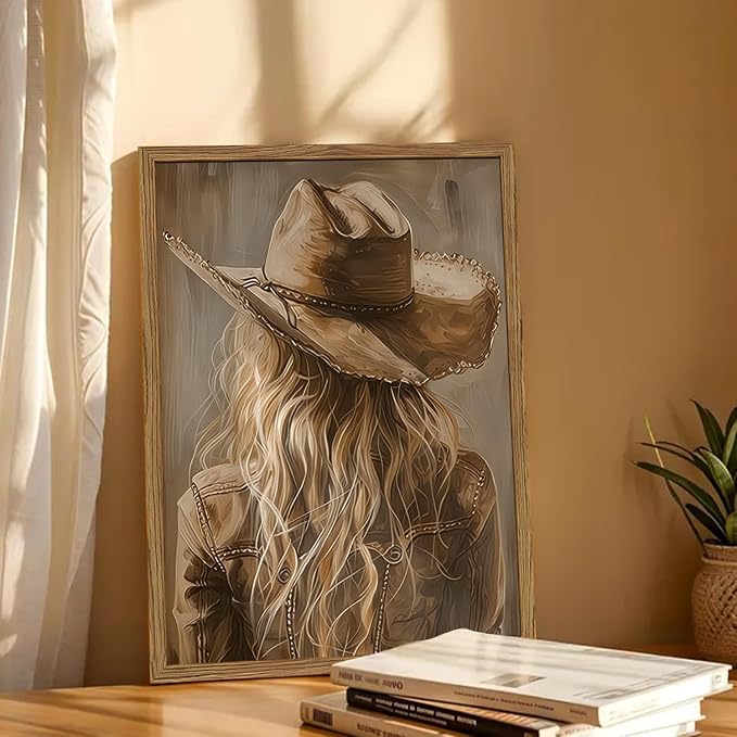 Vintage Western Cowgirl Wall Art, Country Girl Cowboy Wall Decor Painting, Girly Southwestern Poster Canvas Prints for Living Room Bedroom Farmhouse 12x16 inch Wood Framed