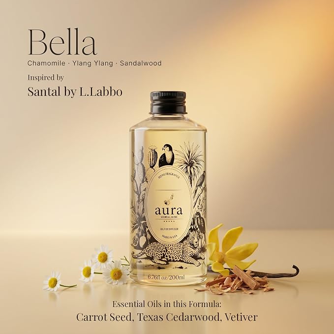 Aura Bella | Sandalwood & Ylang Ylang Fragrance Oil for Diffusers | Inspired by L. Labo Santal | Woody Luxury Scent | Aromatherapy | Home, Office & Spa | 6.7 fl oz (200ml) | Made in USA