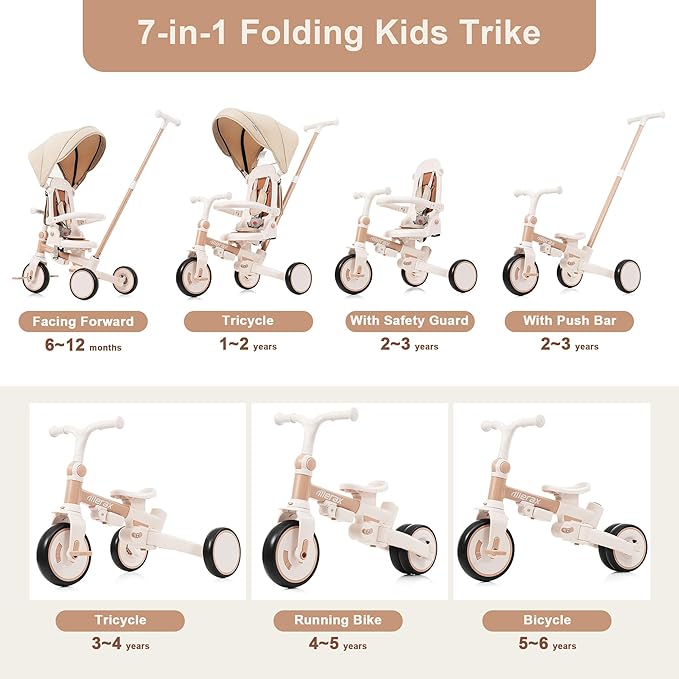 Foldable Toddler 7-in-1 Tricycle, Canopy, and Guardrail Parent Push Handle Ages 1-6 Years