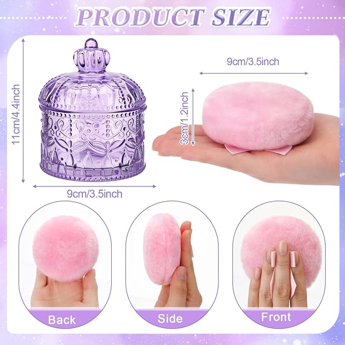 Body Powder Puff and Container, Crystal Container with Soft Dust Powder Puff Washable Reusable Face Body Glitter Wet Dry Makeup for Women Gift(Purple, Pink Crown)