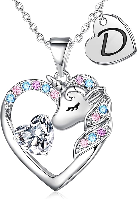 Unicorn Necklace Gifts for Girls Kids - Colorful CZ Heart Initial Necklaces Unicorn Necklace for Girls Jewelry Birthday Gifts for Little Girl Kids
