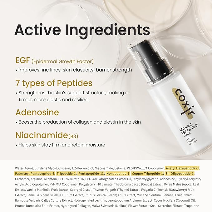 coxir INTENSIVE EGF PEPTIDES SERUM l EGF(Epidermal Growth Factor) Peptide Serum for Face – Korean Formula for Firm, Renew& Hydrated Skin – Facial Serum for Lines