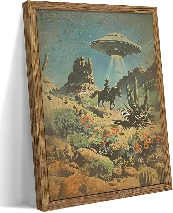 Framed Vintage Intergalactic Western Canvas Wall Art, Alien UFO Abducting Cowboy, Desert Cactus and Flowers Wall Decor, Retro Sci-Fi Poster for Living Room Bedroom – Dark Wooden Frame 16x24in