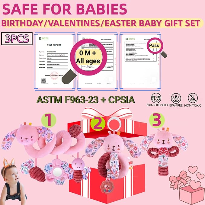 Baby Spiral Car Seat Toys for Babies 0-6 Months Girl, Stroller Hanging Stuffed Animal Carseat Mirror Crinkle Toy 0-3-6-7-12, Newborn Infant Valentines Gifts Easter Basket Stuffers Bunny 3PCS