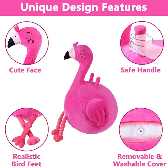 iPlay, iLearn Bouncy Pals Kids Flamingo Hopper Ball, Inflatable Bouncing Animal Hopping Toys, Pink Plush Ride on Bouncer, Outdoor Indoor Active Jumping, Birthday Gift for 3 4 5 6 Year Old Girl Toddler