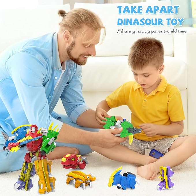 Robot Dinosaur Toys 5-in-1 Transforming Robot Including 5 Dinosaur Action Figures -Build & Combine into 8" Large Warrior with Weapon for 6 7 8 9 Year Old Boys