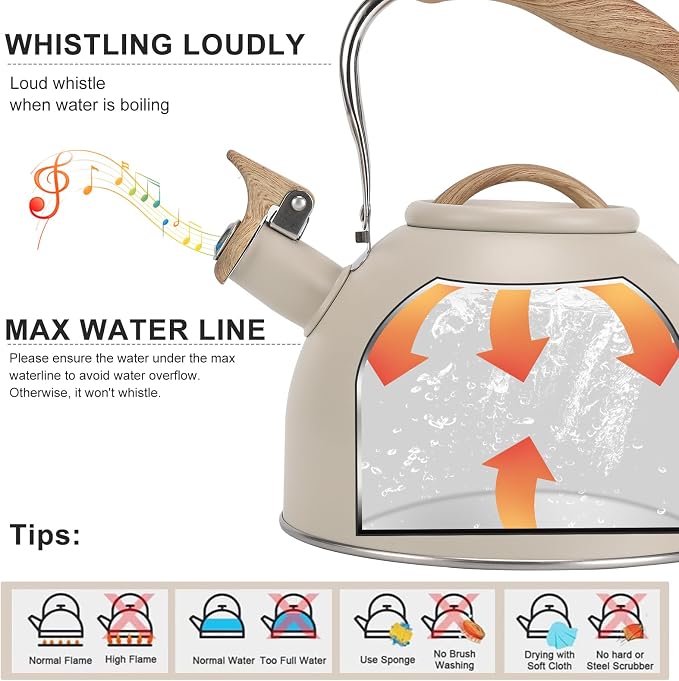 Tea Kettle, Vegoran 100 OZ / 3 Liter Whistling Tea Kettle, Tea Pots for Stove Top Food Grade Stainless Steel with Wood Pattern Folding Handle, Loud Whistle Kettle for Tea, Coffee, Milk (Milk White)