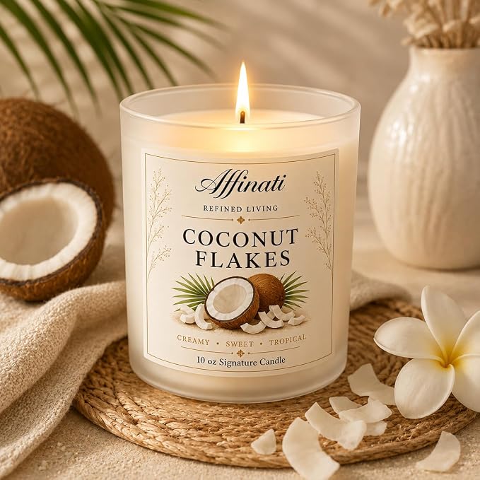 Affinati Coconut Flakes 10 oz Scented Candle – Long Lasting Luxury Soy Blend Candle for Home, Strong Scent Throw Sweet Toasted Paradise Tropical Vibe Candle, Premium Clean Burning Gift
