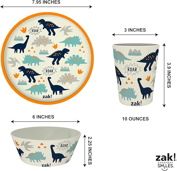 Zak Designs Kids Dinnerware Set 3 Pieces, Durable and Sustainable Melamine Bamboo Plate, Bowl, and Tumbler are Perfect For Dinner Time With Family (Zaksaurus)