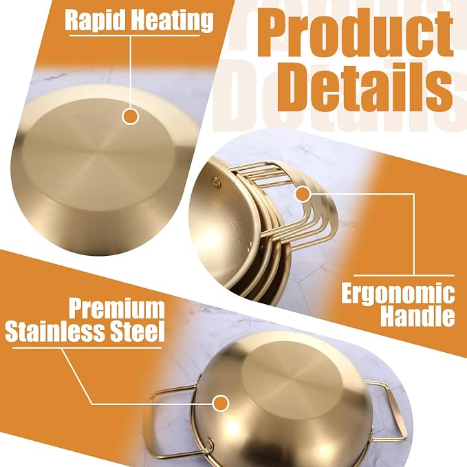 4 Pack Korean Ramen Noodle Pot, Stainless Steel Golden Stockpot with Handles Korean Cooking Pot Fast Heating Pot for Soup Noodles Pasta Home and Outdoor Use, Sizes 7.5", 8.3", 9", 10"