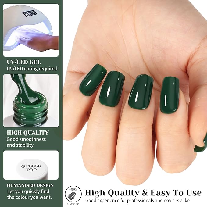 Emerald Green Gel Nail Polish, 0.51 Fl Oz UV/LED Lamp Soak Off Christmas Dark Green Gel Polish kit for Manicure Salon or Nail Art Design at Home- GP0062
