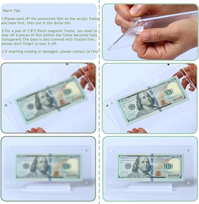 Dollar Bill Frame Display Acrylic Dollar Bill Holder 3.9X7.8Inch for Dollar Bill Display Case Magnet Currency Display Frame Self Standing for Money Ticket Picture Photos (Transparent-20)