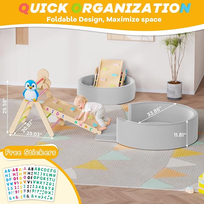 Acenova Pikler Triangle Climbing Set with Cushion and DIY Name Stickers, Montessori Wooden Climbing Gym for Toddlers, Indoor Jungle Gym, Dinosaur Pikler Triangle Arch Ramp Climber Toy