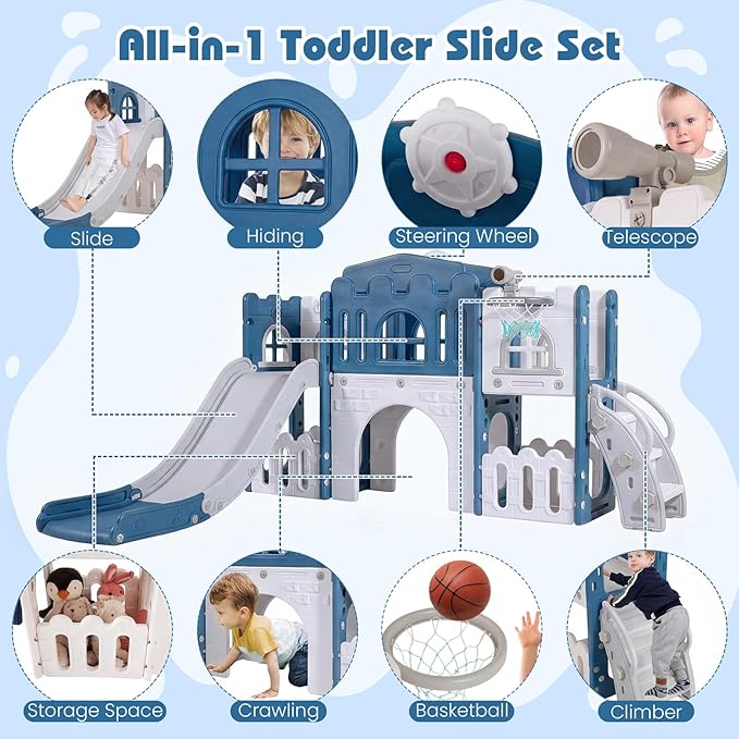 Costzon 8 in 1 Toddle Slide Playset, Freestanding Kids Slide w/Tunnel, Basketball Hoop, Toddler Climber Slide Playset Indoor Playground for Kids 1-3 w/Storage Space, Gifts for Boys Girls (Blue)