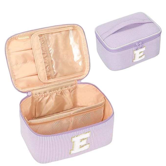 OCHEAL Makeup Bag Valentines Day Gifts for Women, Monogram Cosmetic Bag Purple Travel Makeup Case Beauty Toiletry Bag Organizer Personalized Gifts for Girls Bridesmaid, Sister, Wife, Friends Initial E