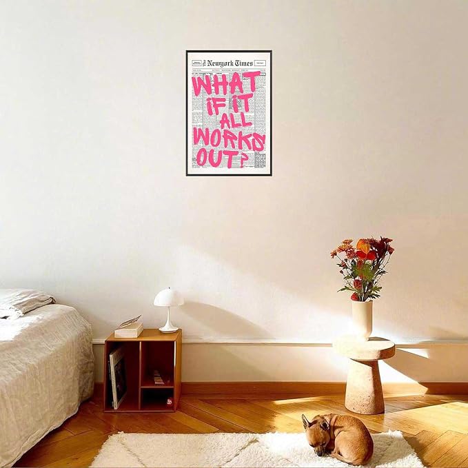 Drimiler Retro Newspaper Pink Font Poster What If It All Works Out Canvas Wall Art Positive Affirming Quote Minimalist Prints Painting For Home Bedroom Dorm Wall Decor 12x16in Framed