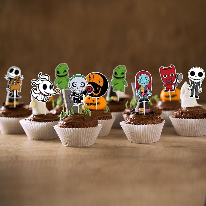 Gyufise 40Pcs Skellington Halloween Cupcake Toppers Glitter Skull Ghost Cupcake Picks for Nightmare Theme Wedding Anniversary Birthday Party Cake Decorations Supplies