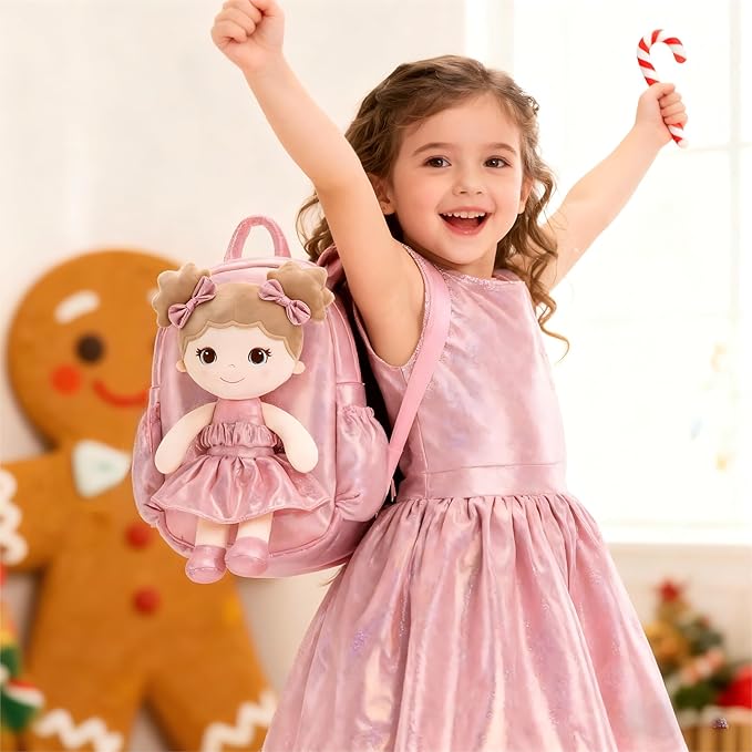 Lazada Toddler Backpack - Baby Girl Gifts Curly Fingerprints Plush Doll Dress Backpack - Fashion Girls Curly Rolled Fingerprints Series - Apricot Pink 11 Inches