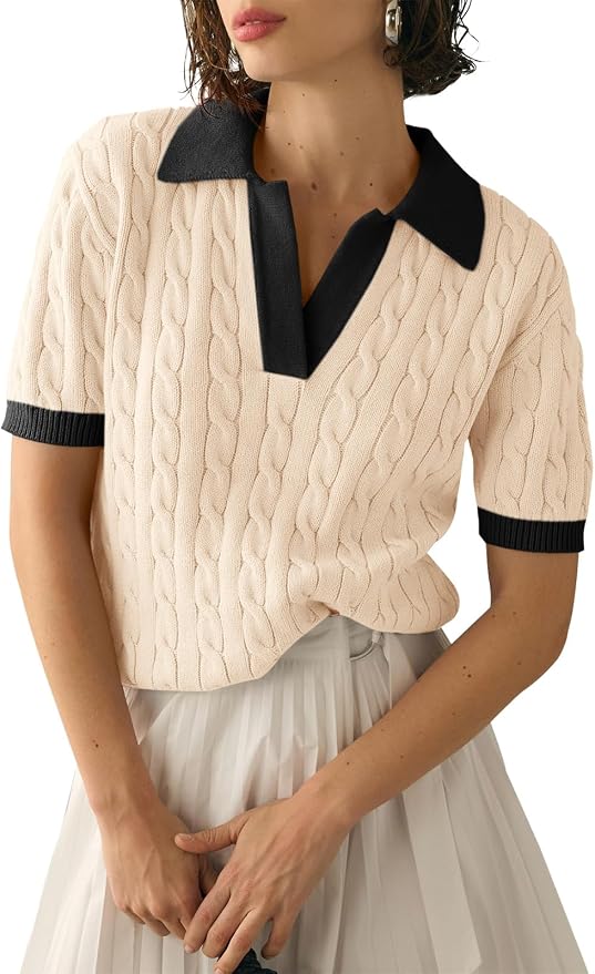 Imily Bela Womens Cable Short Sleeve Sweaters Tops Lapel V Neck Knit Shirt | Solid,Knit Casual,Soft Pullover,Fall Sweaters,Womens Summer Work Tops
