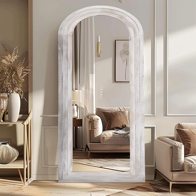 ZHUNFA Arched Full Length Mirror with Solid Wood Frame | 71x32 Farmhouse Wall Mirror Full Length with Stand, Vertical Hanging, Leaning Standing for Bedroom, Living Room, Rustic White