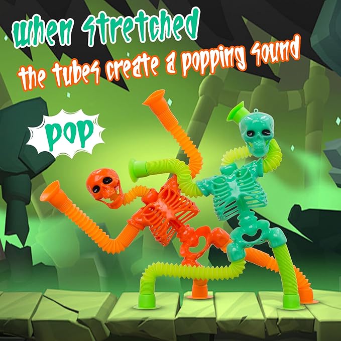 Pop Tubes Skeleton Fidget Toys for Kids, 4Pack Fidget Pop Toys Telescopic Suction Cup Toy for Stress and Anxiety Relief, Halloween Goody Bag Fillers for Kids and Toddlers (4Pack Skull)