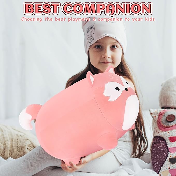 Auspicious beginning Fox Plush Stuffed Animal-16'' Pink Pillow, Cute Plushies, Toy Kawaii Animal Plushie Hugging Pillow Christmas Birthday Gifts for Kids Girls Boys Girlfriend