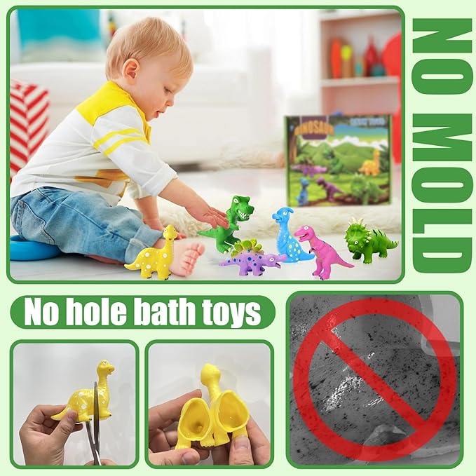 Dinosaur Bath Toys for 18 Mon, 6 Pcs Mold Free Dino Bath Toy for Toddler 1-3, Soft Rubber Baby Bathtub Shower Water Table Pool Toys with Mesh Organizer & Backpack, Exquisite Box Gifts for Boys Girls