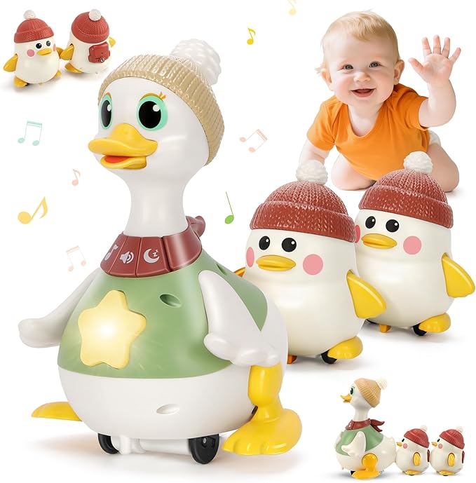 Hestiasko Baby Toys 6 8 10 12 Months, Tummy Time Duck Toy, Musical Dancing Duck Set with Lights & Sounds, Crawling and Interaction Toys for 1 Year Old Girl Boy Baby Stocking Stuffers