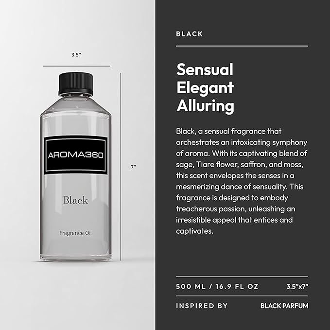 Aroma360 | Black Diffuser Oil Blend | Luxury Essential Aromatherapy Reed Diffuser | Sage, Tiaré Flower and Saffron | 16.9 fl oz 500mL