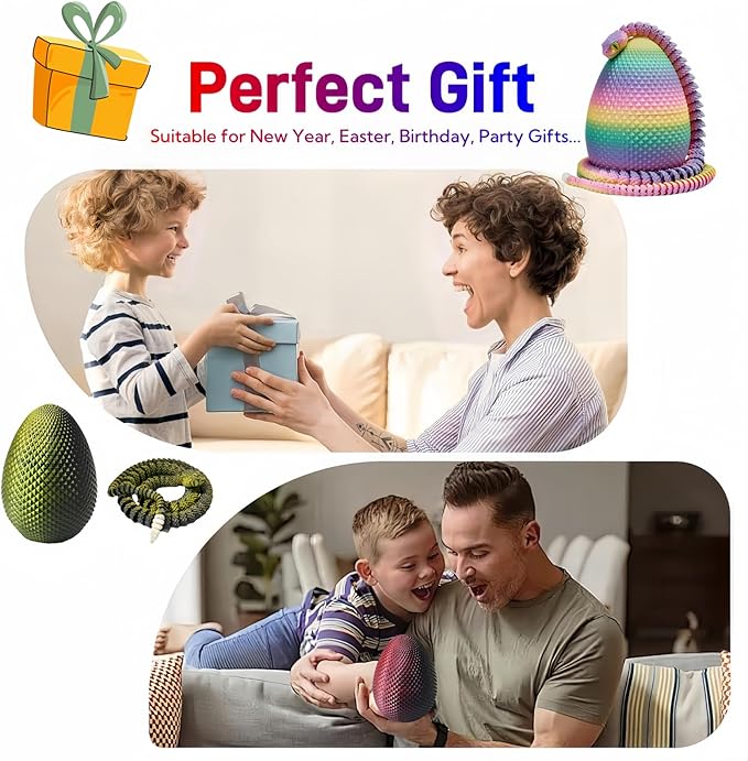 23" 3D Printed Snake with Egg - Flexible Snake with Luminous Tail, 3D Fake Snake Fidget Toys for Autism/ADHD, 3D Printed Animals Snake Toy for Kids & Adults (BlackGolden)