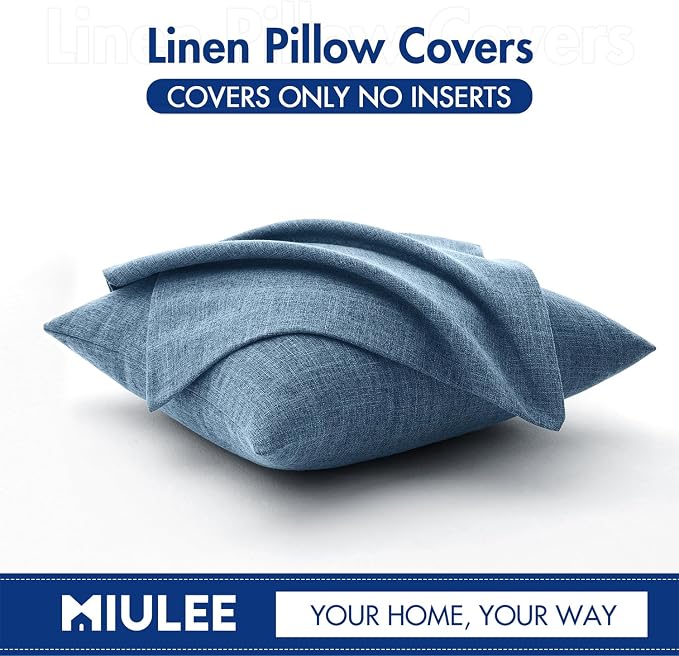 MIULEE Pack of 2 Decorative Linen Burlap Pillow Covers Farmhouse Boho Accent Pillowcases Modern Home Decor for Couch Sofa Bedroom Living Room 18x18 Inch Steel Blue