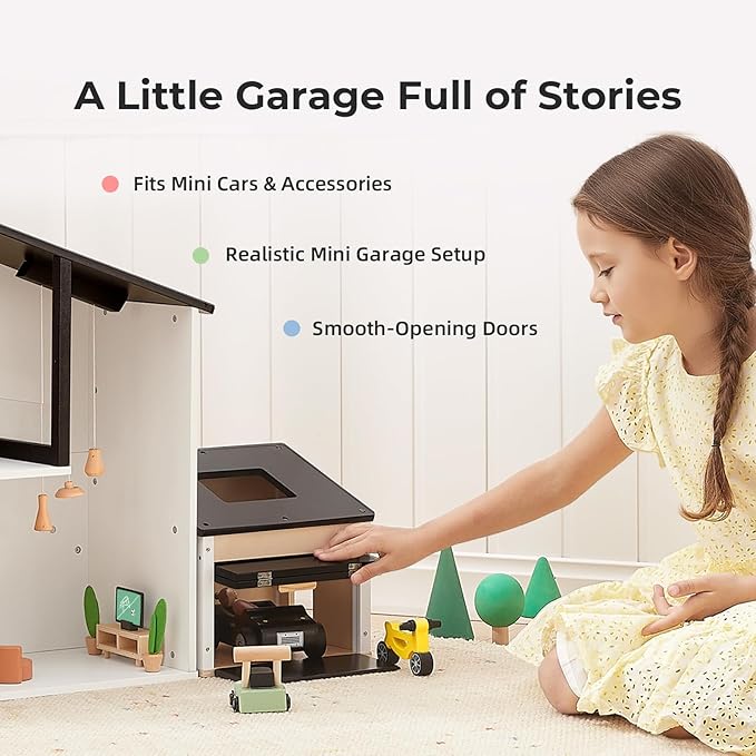 OOOK Wooden Dollhouse, Modern Doll House with Garage and 60Pcs Luxurious Furniture Accessories, Including Dolls and Pet Sets, Wood Dollhouse Toy for Boys and Girls 3+