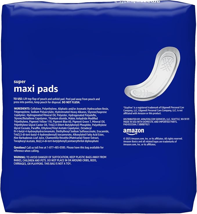 Amazon Basics Maxi Pads for Periods- Thick, Super Absorbency, Unscented, 192 Count, (4 Packs of 48)