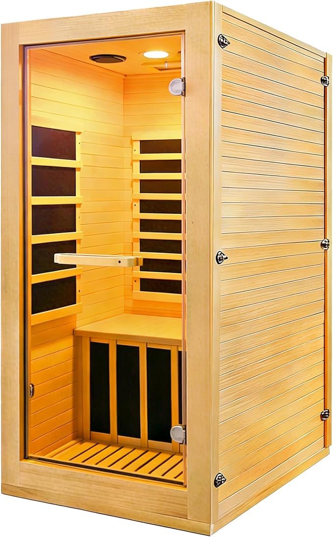 Infrared Sauna 1 Person Far Infrared Sauna Indoor Home Dry Sauna | Wood Low EMF for Home Gym Spa with Speakers & 10 Color Lights for Women Men Elder Compact Size 32.3 * 28.3 * 61.4"
