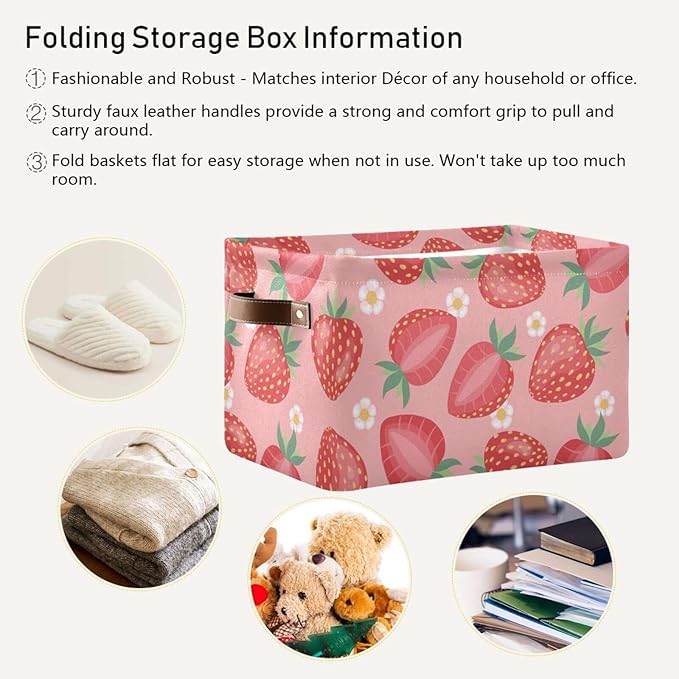 Aslsiy Storage Basket - Fresh Strawberry Pink Nursery Bins Baby Box Canvas Clothes Shelf Laundry Hamper Gift Basket for Home Closet - 1 Pcs