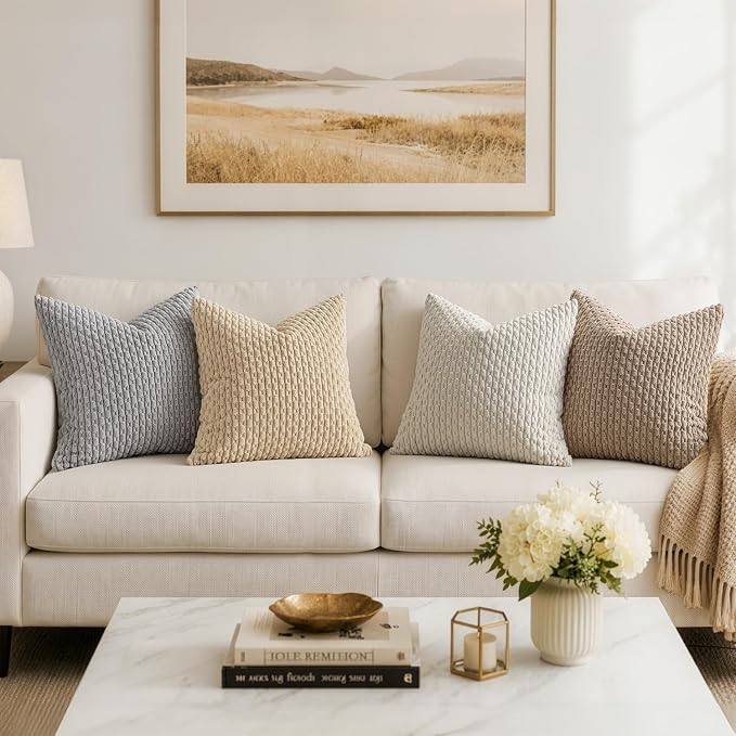 MIULEE Euro Sham Decorative Throw Pillow Covers 24x24 Light Grey Corduroy | Textured Striped Pack of 2 Striped Pillow Covers Modern Farmhouse Home Decor for Couch Bed Sofa Living Room