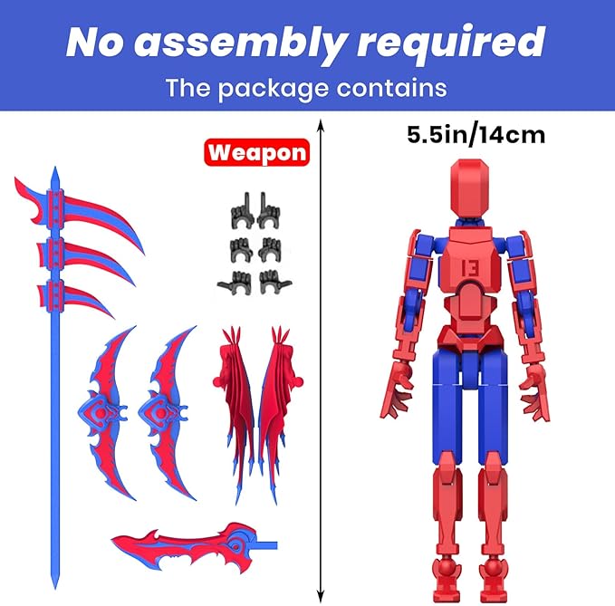 Titan 13 Robot Action Figure,Dummy 13,Articulated Robot with Demon Wings, 3D Printed robo 13 Action Figure Articulated (Red Blue)