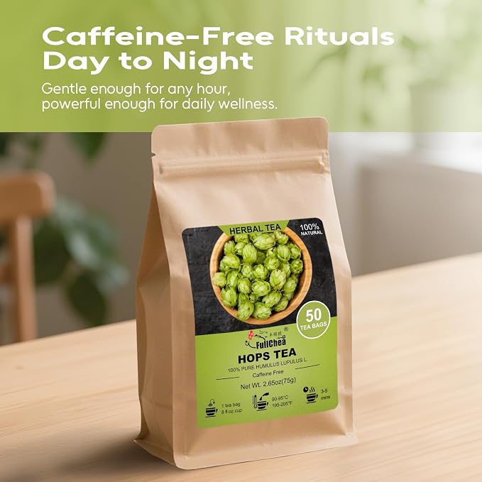 FullChea - Hops Herb Tea Bags - 50 Count - Natural Cut Humulus Lupulus L. | Sifted dried hop flowers, Non-GMO and caffeine-free, earthy bitter notes, delivers gentle calm for nightly relaxation.