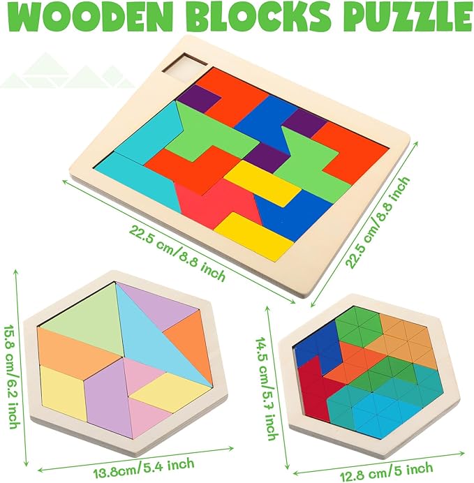 Yunsailing 3 Pack Hexagon Tangram Puzzle Wooden Brain Puzzles with Storage Bag Challenge Wood Russian Blocks Brain Teasers Geometric Jigsaw Block Logic Iq Stem for Family Party Gift