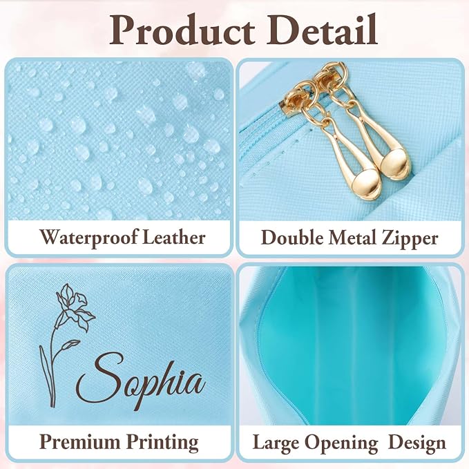 Personalized Makeup Bag with Name & Birth Flower, Custom Leather Cosmetic Bags for Women, Customized Travel Toiletry Bag Gifts for Bridesmaid Wedding