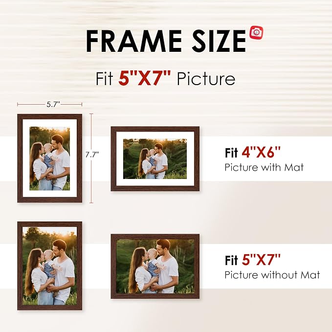 5x7 Picture Frame Set of 2, Photo Frame with HD Plexiglass, Display Pictures 4x6 with Mat or 5x7 Without Mat, Brown Picture Frames Collage for Tabletop or Wall Display