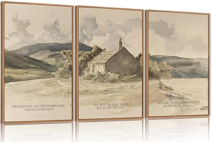 FWIEXA Nature Christian Bible Verse Framed Canvas Wall Art Set, Floods Mountain Houses Jesus Wall Decor, Vintage Easter Artwork, Inspirational Quotes Art Prints for Prayer, Bedroom - Size 24"x36"x3
