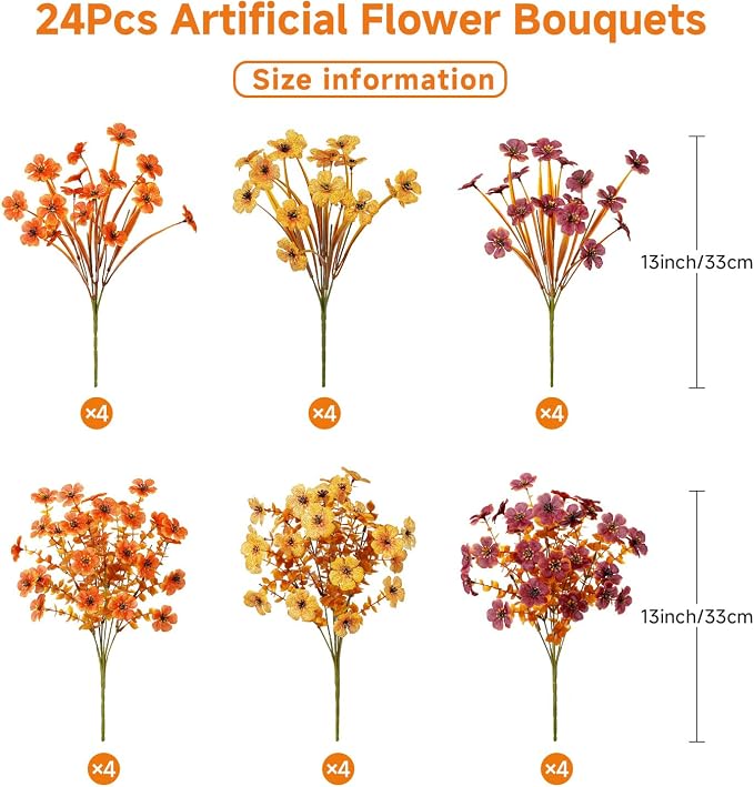 Alupssuc 24 Bundles Artificial Fall Flowers, UV Resistant Faux Mums Porch | Silk & Plastic, 13 Inch Tall, for Indoor Outdoor Planters Yard Patio Window Box, Autumn Outside Realistic Fake Decoration