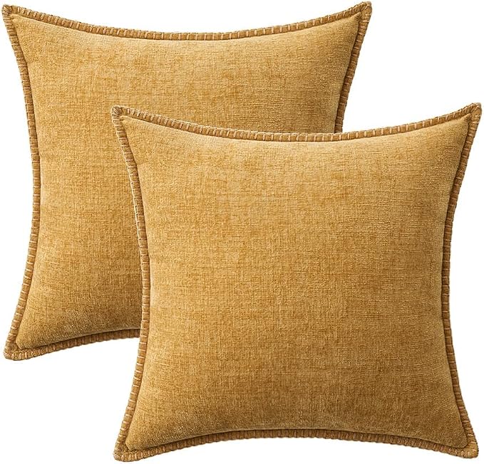 MIULEE Decorative Couch Throw Pillow Covers 16x16 Inch Gold 2 Pack | Mustard Yellow, Farmhouse Pillow Covers with Stitched Edge, Soft Chenille Cushion Cases, for Sofa Bed Living Room Home Decor
