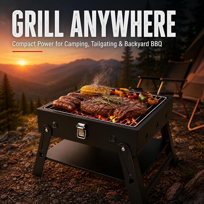 Small Portable BBQ Charcoal Grill: Mini Foldable Table Top Barbecue Grills | with Fire Starter Kit for Outdoor Cooking, Fathers Day Birthday Grilling Gift for Men Dad Husband